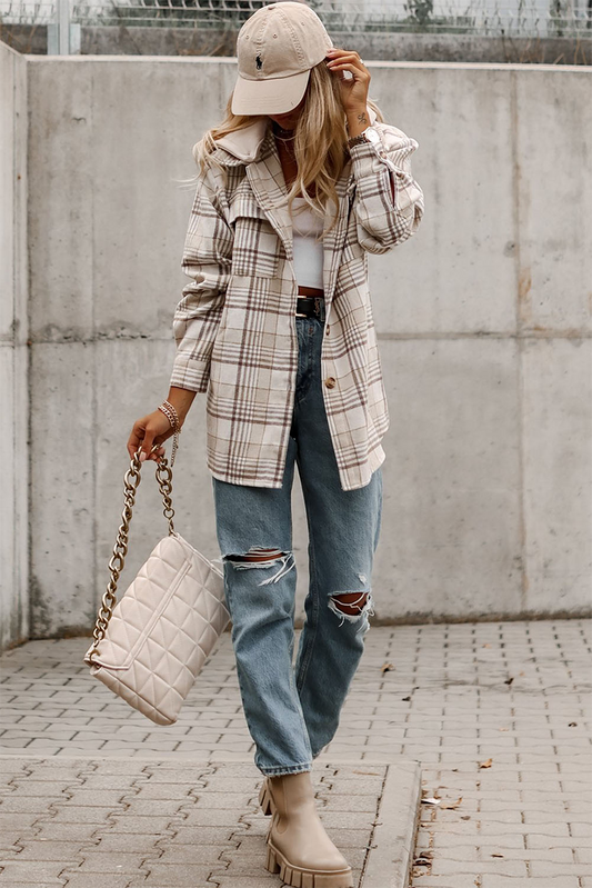 Khaki Plaid Hooded Shacket