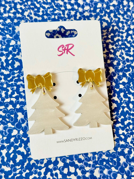 Cream and Gold Acrylic Christmas Tree Dangle Earring