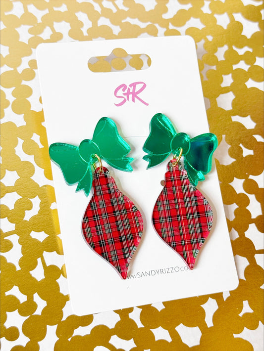 Red Plaid Acrylic Ornament Dangle Earring with Green Bow