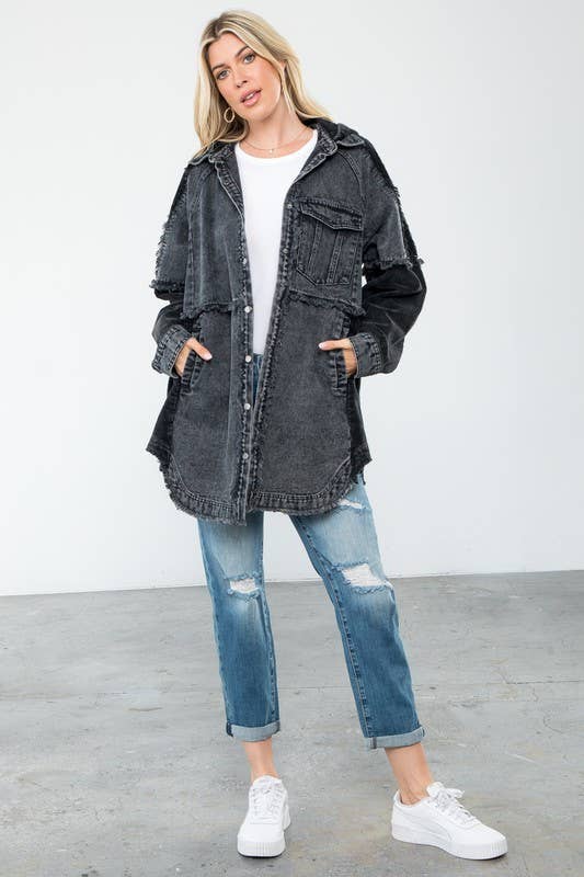 Denim Washed Hooded Long Jacket