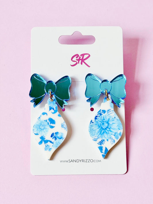 Blue Willow Acrylic Ornament Dangle Earring with Blue Bow