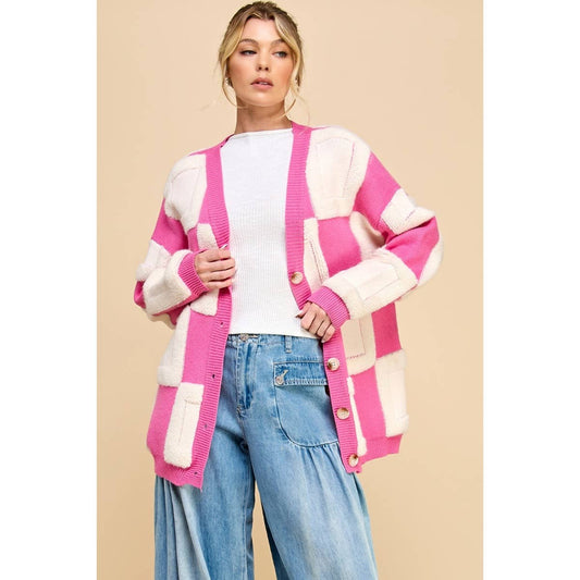 Square Chess Chunky Knit Cardigan