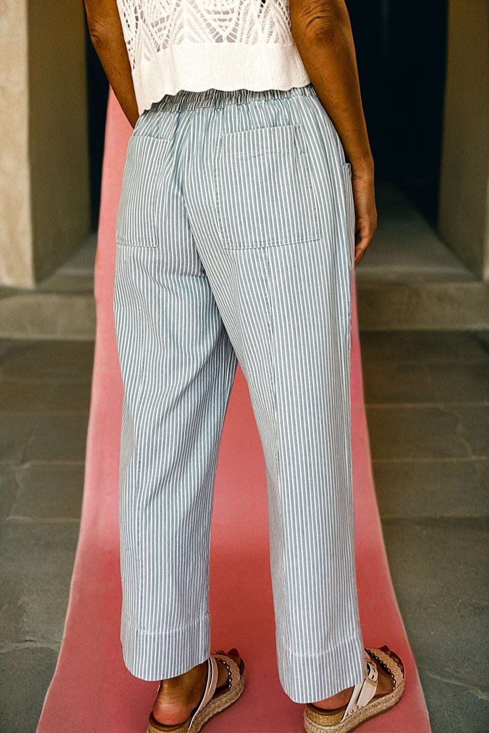 Striped Drawstring Wide Leg Denim