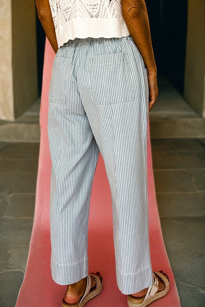 Striped Drawstring Wide Leg Denim
