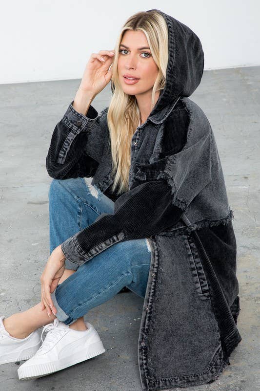 Denim Washed Hooded Long Jacket