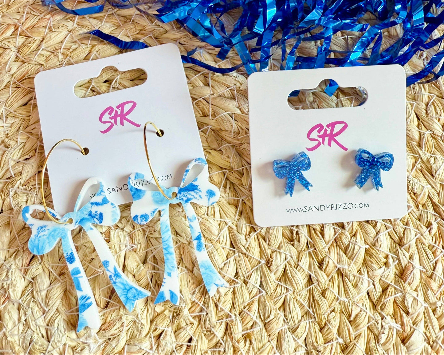 Blue Willow Acrylic Bow Earring on a Hoop