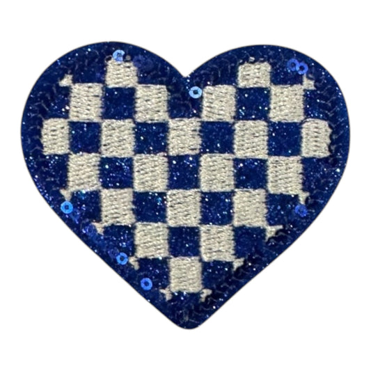 Checkered Heart Glitter Patch, Blue- 2.1"