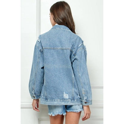 Classic Oversized Denim Jacket- Med Wash Distressed
