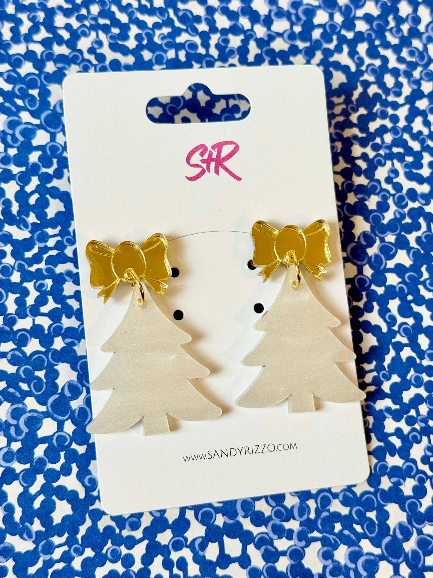 Cream and Gold Acrylic Christmas Tree Dangle Earring