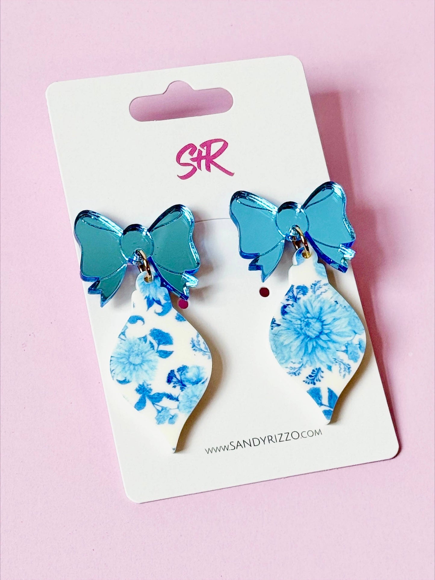 Blue Willow Acrylic Ornament Dangle Earring with Blue Bow