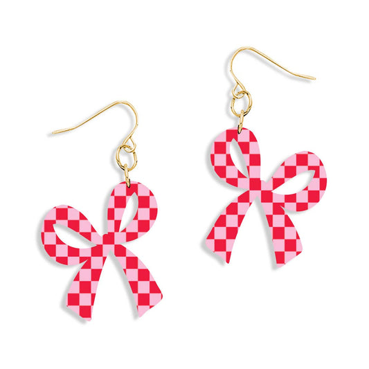 Red & Pink Check Bow Earrings