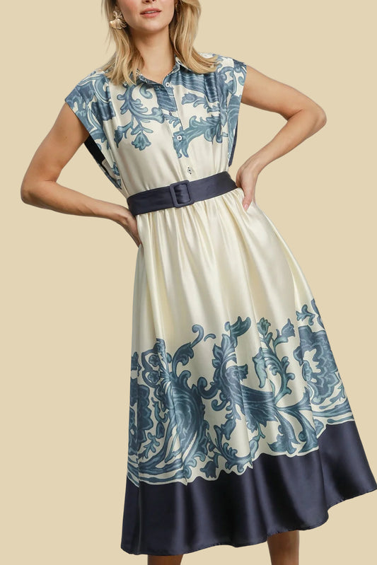 Ornate Floral Belted Midi Dress