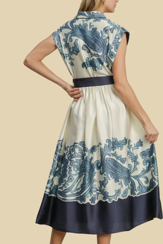 Ornate Floral Belted Midi Dress