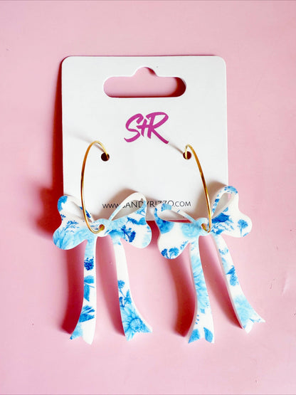 Blue Willow Acrylic Bow Earring on a Hoop