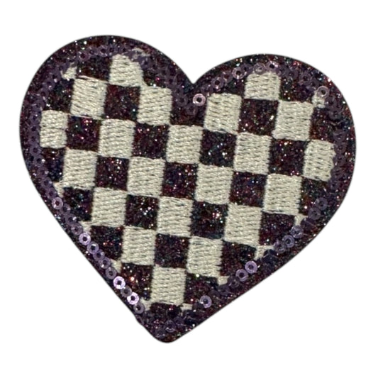 Checkered Heart Glitter Patch, Purple- 2.1"