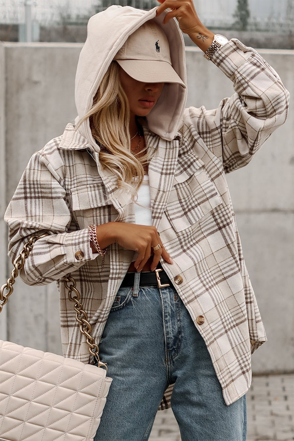 Khaki Plaid Hooded Shacket