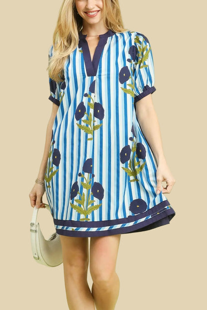 Blue Poppies & Stripes Dress