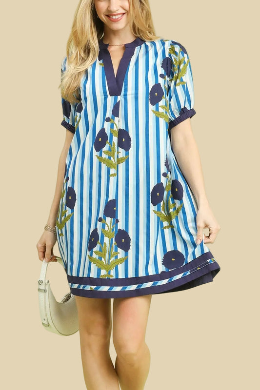 Blue Poppies & Stripes Dress