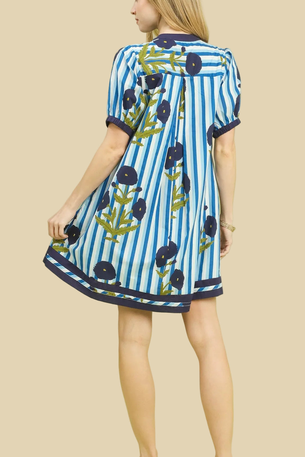 Blue Poppies & Stripes Dress