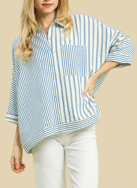 Mixed Stripes Boxy Top- Blue