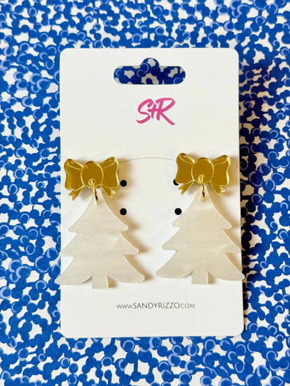 Cream and Gold Acrylic Christmas Tree Dangle Earring