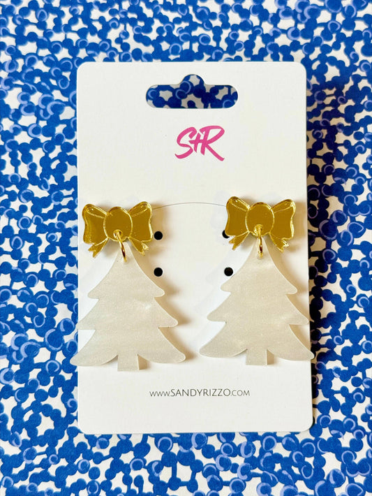 Cream and Gold Acrylic Christmas Tree Dangle Earring