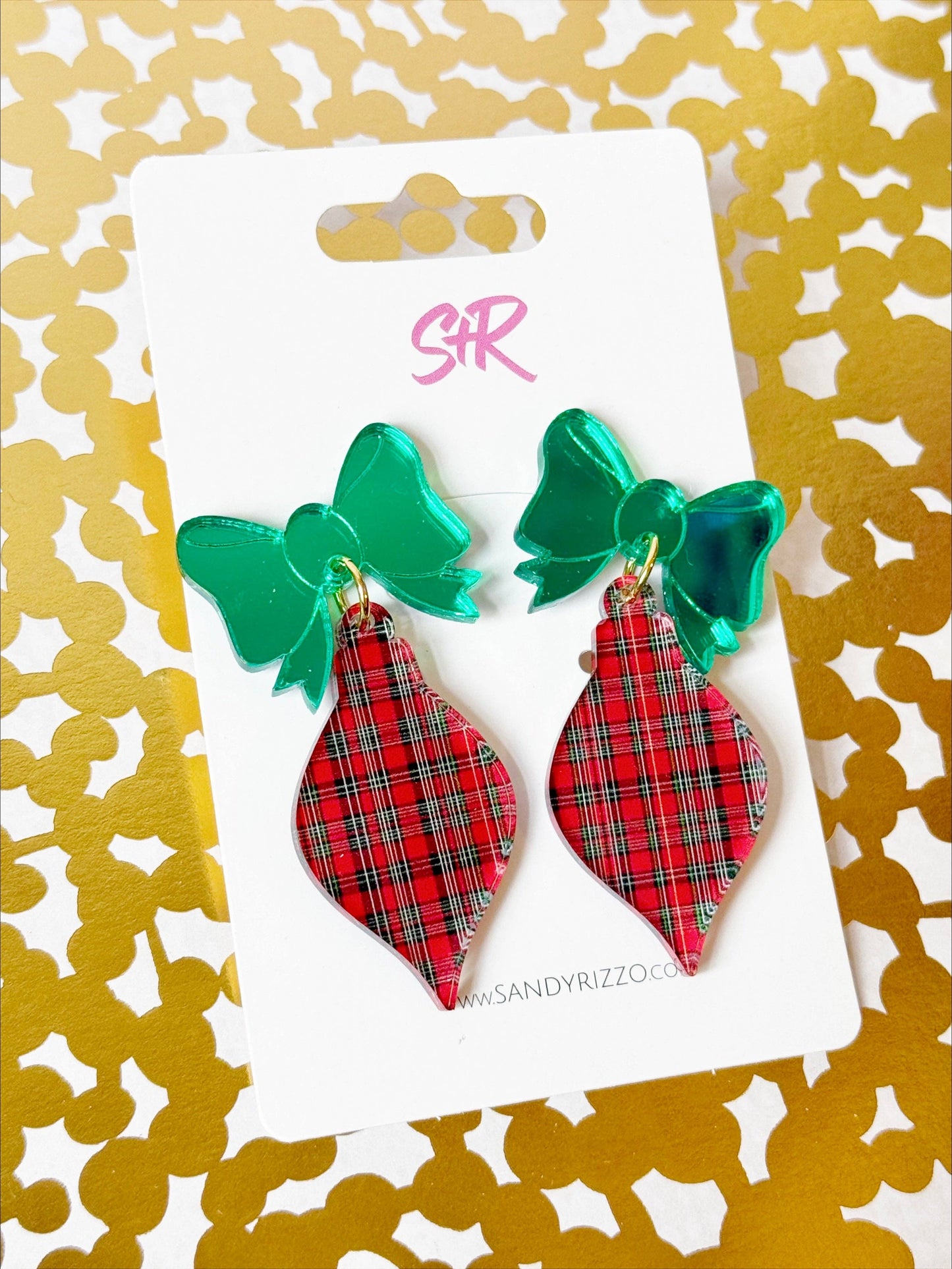 Red Plaid Acrylic Ornament Dangle Earring with Green Bow