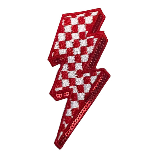 Checkered Lightning Bolt Sequin Patch, Red- 2.75