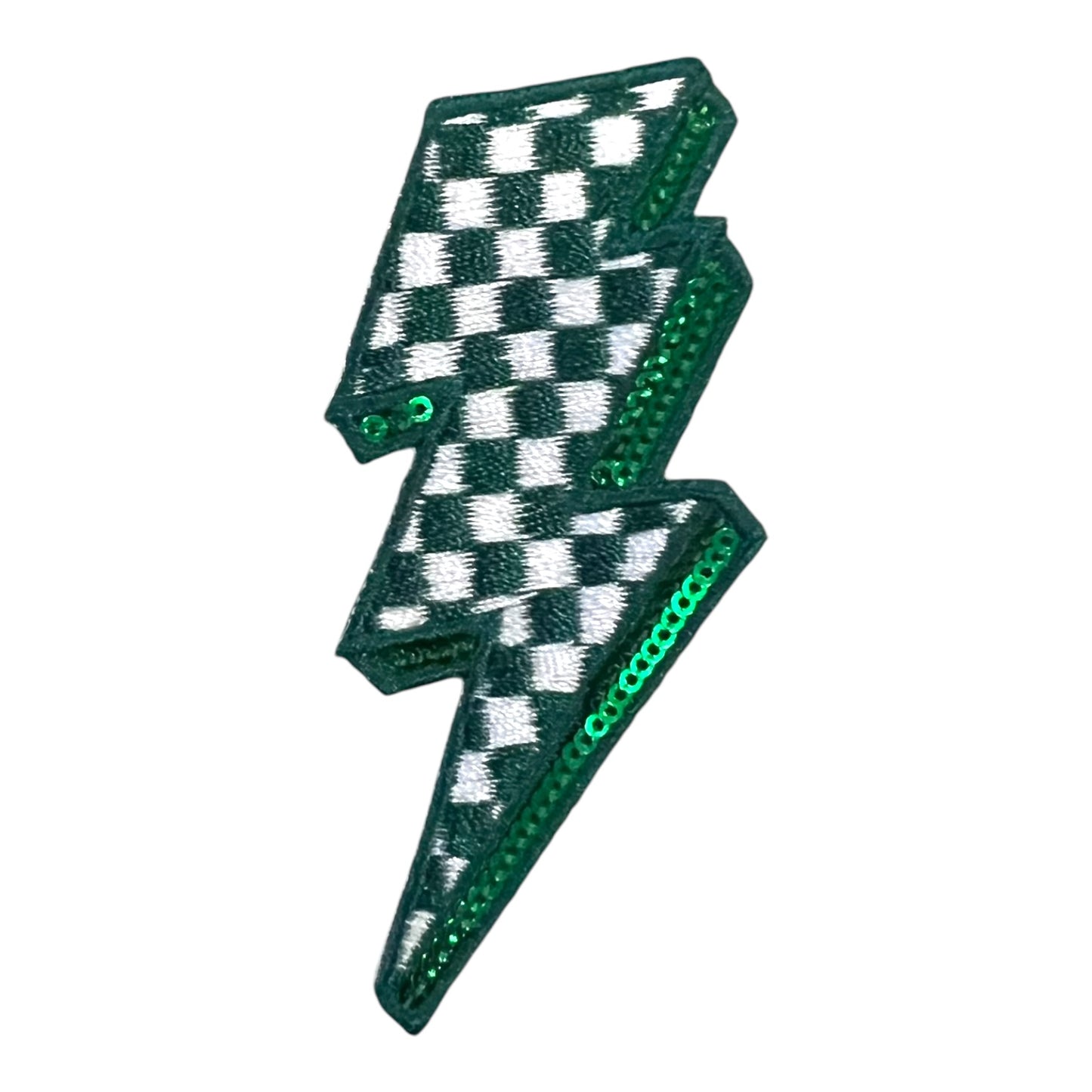 Checkered Lightning Bolt Sequin Patch, Green- 2.75"