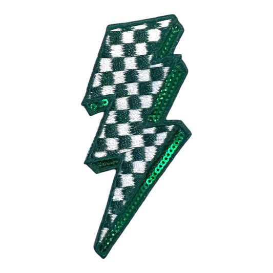 Checkered Lightning Bolt Sequin Patch, Green- 2.75"
