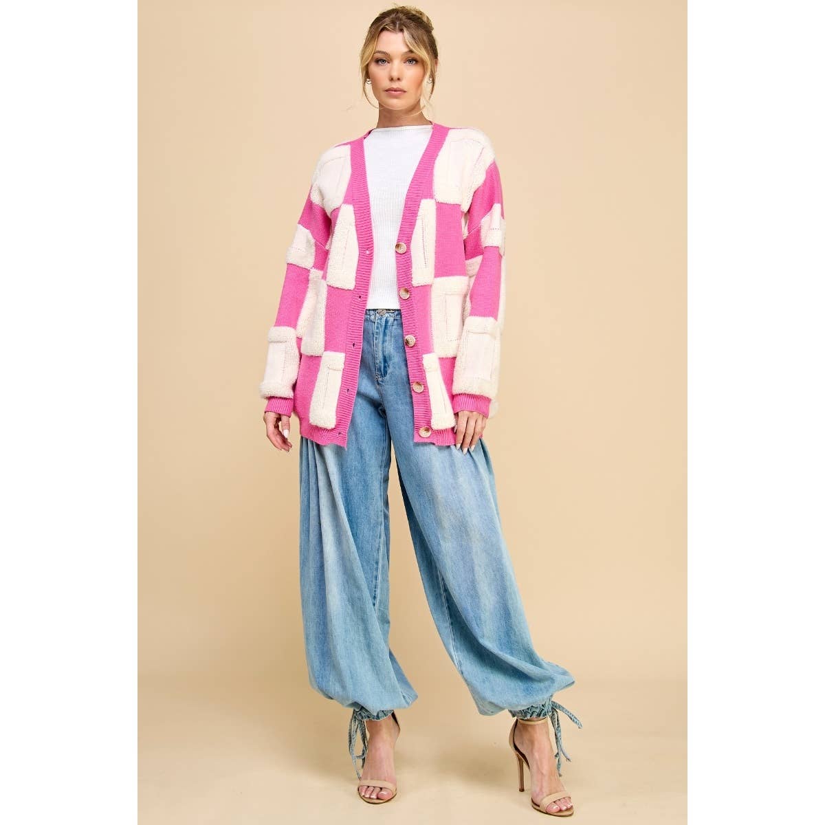 Square Chess Chunky Knit Cardigan
