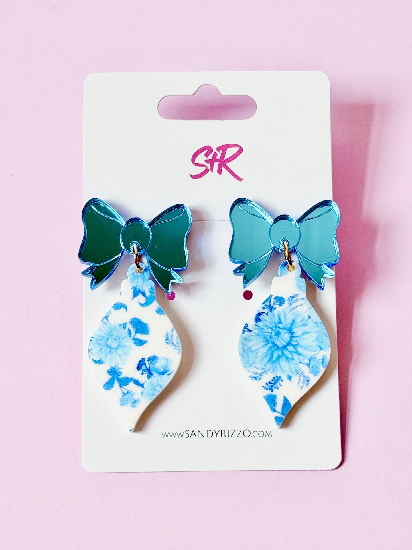 Blue Willow Acrylic Ornament Dangle Earring with Blue Bow