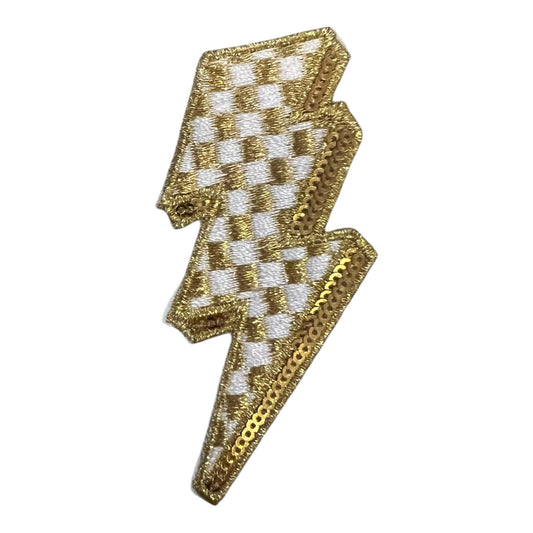 Checkered Lightning Bolt Sequin Patch, Gold- 2.75"