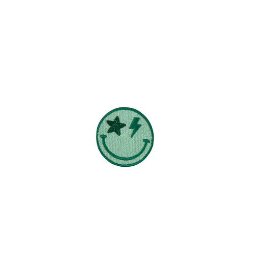 Glitter Star & Bolt Smiley Patch, Green- 3"