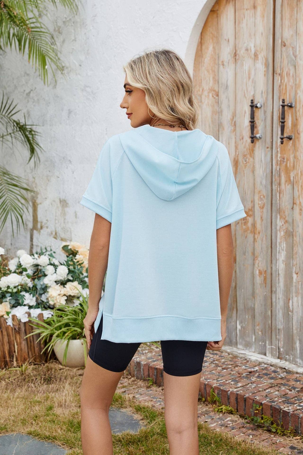 Hooded Short Sleeve Zipper Pocket Sweatshirt