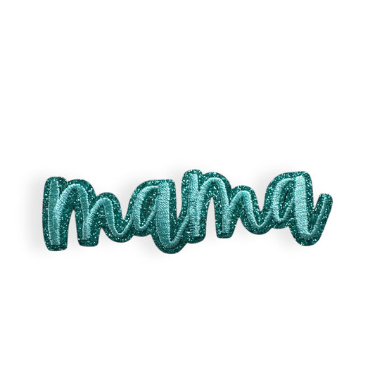 Mama Script Glitter Patch, Turquoise - 3.75"