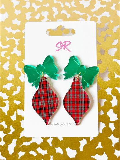 Red Plaid Acrylic Ornament Dangle Earring with Green Bow