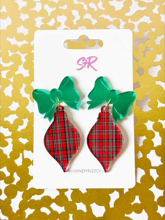 Red Plaid Acrylic Ornament Dangle Earring with Green Bow