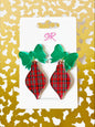Red Plaid Acrylic Ornament Dangle Earring with Green Bow