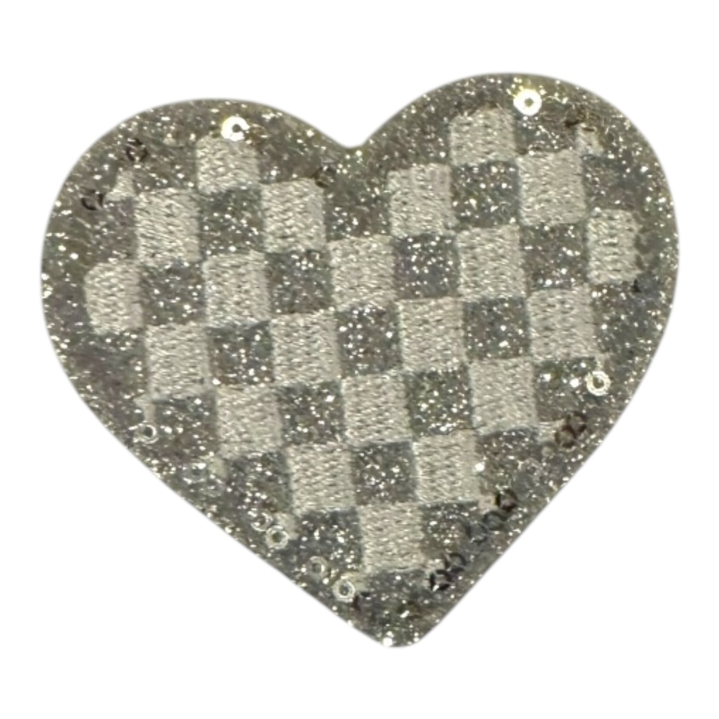 Checkered Heart Glitter Patch, Silver- 2.1"