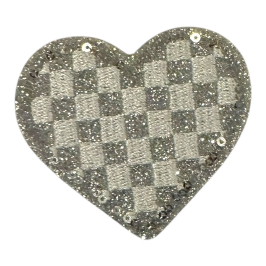 Checkered Heart Glitter Patch, Silver- 2.1"