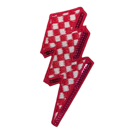 Checkered Lightning Bolt Sequin Patch, Pink- 2.75"