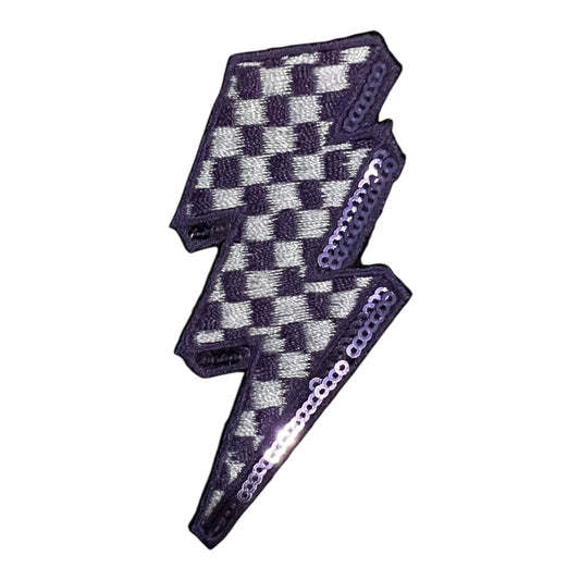 Checkered Lightning Bolt Sequin Patch, Purple- 2.75