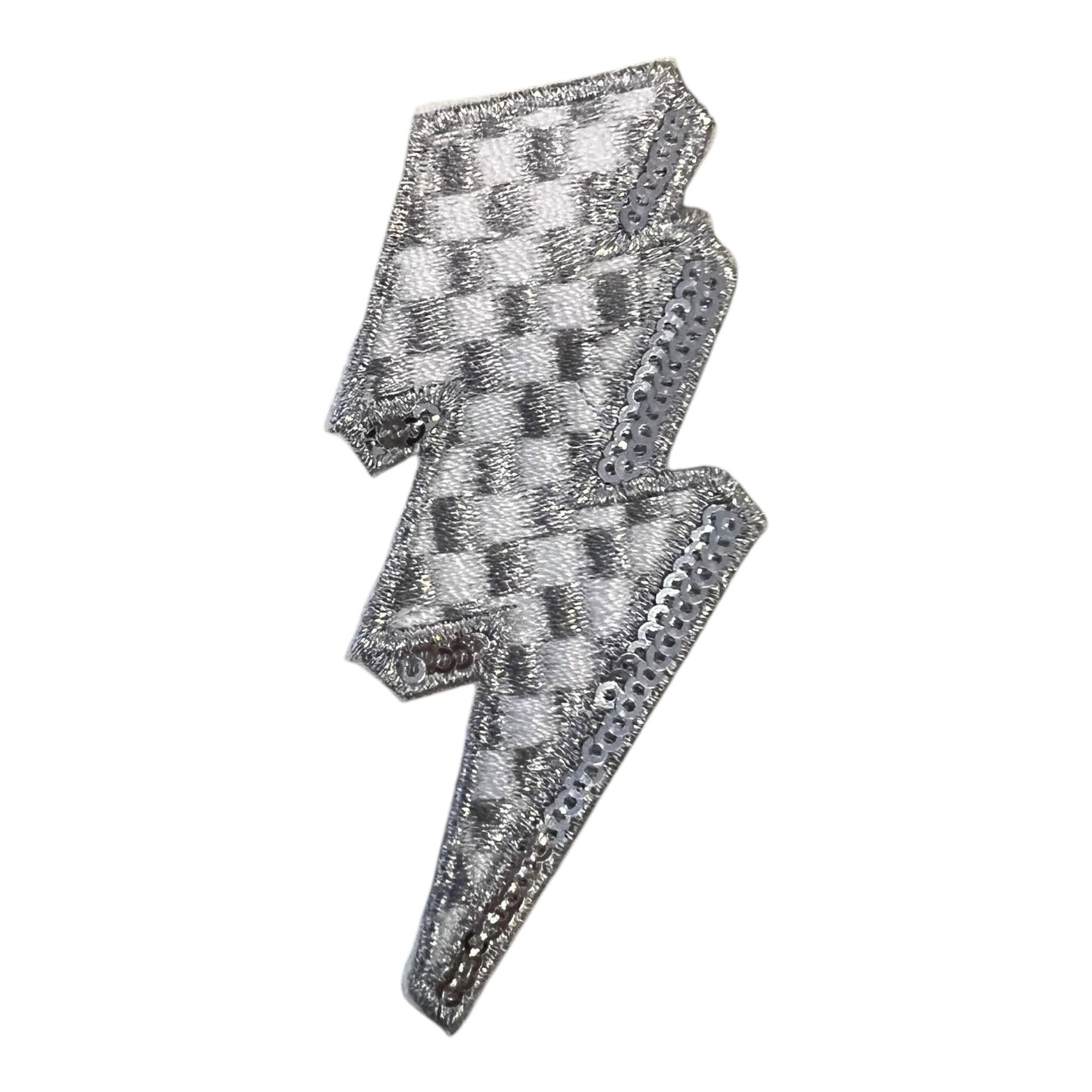 Checkered Lightning Bolt Sequin Patch, Silver- 2.75"