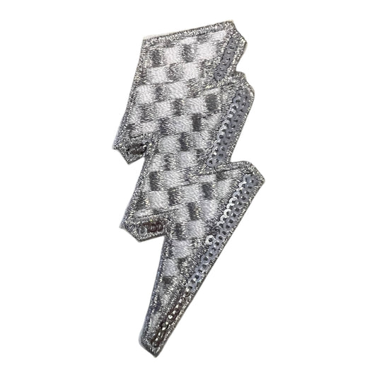 Checkered Lightning Bolt Sequin Patch, Silver- 2.75"