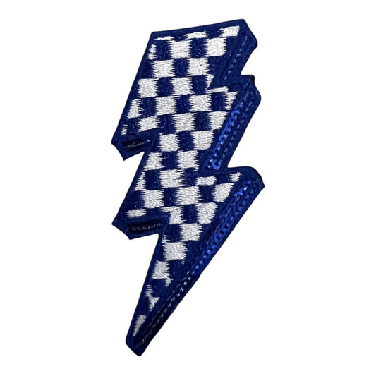 Checkered Lightning Bolt Sequin Patch, Blue- 2.75"