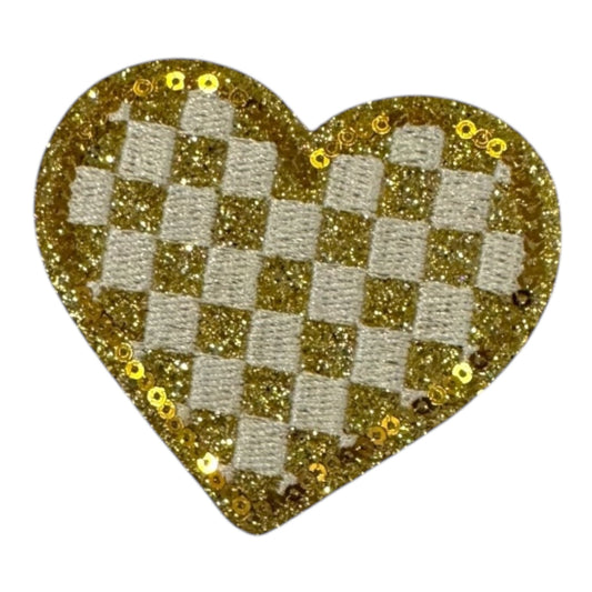 Checkered Heart Glitter Patch, Gold- 2.1"