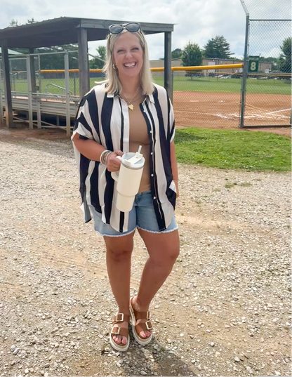 Oversized Black and White Stripe Button Up