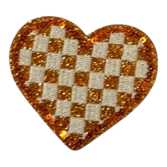 Checkered Heart Glitter Patch, Orange- 2.1"