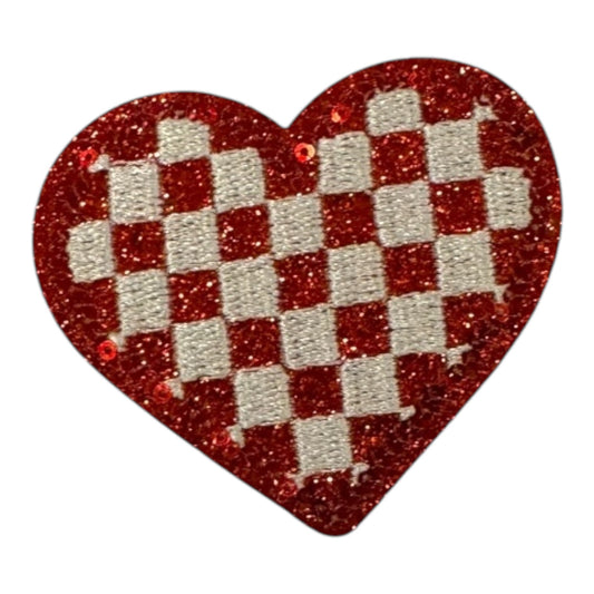 Checkered Heart Glitter Patch, Red- 2.1"